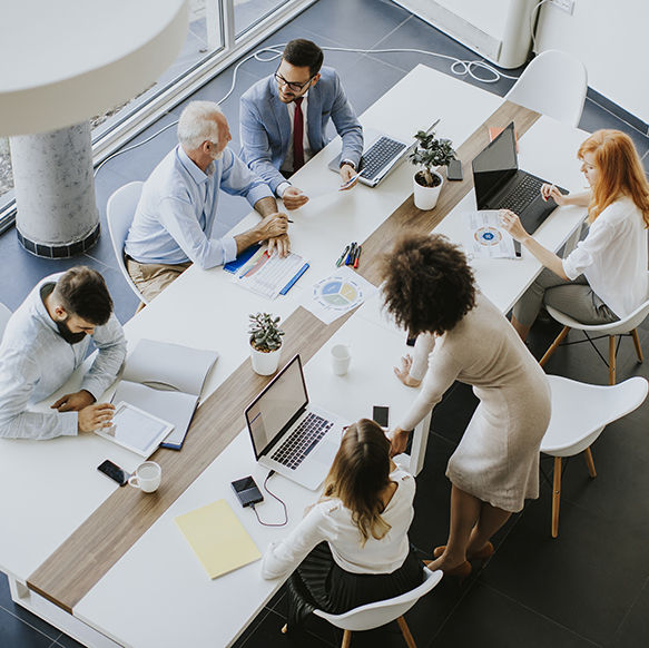 Arial view of Berkley Human Services professionals in conference room working together