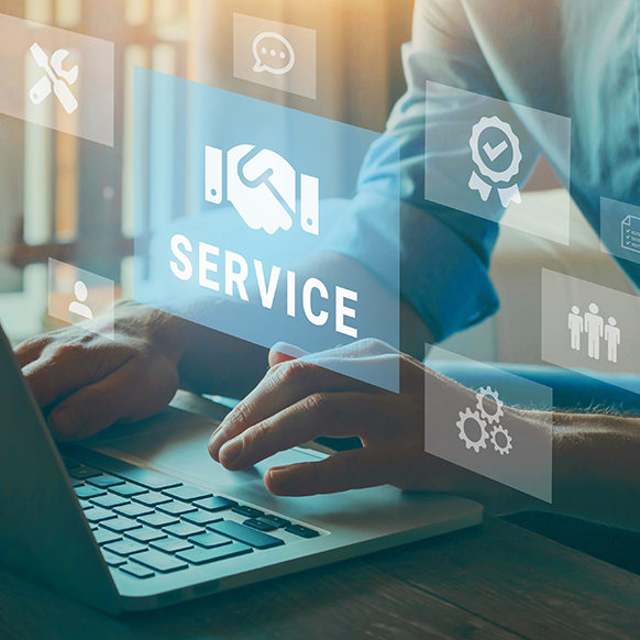 Close up of a professional man working on laptop with visuals of approval and high quality service